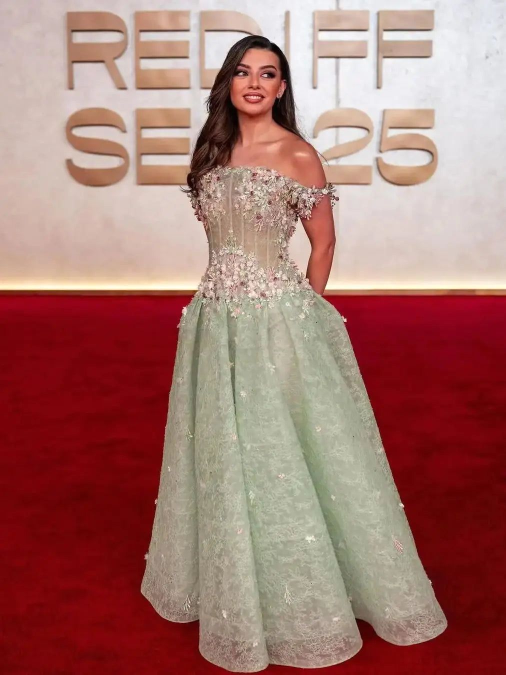 Ofherown Mint Green 3D Floral Embroidery Tulle Evening Dress Elegant A-Line Off-Shoulder Floor-Length Prom Dress Party Gowns