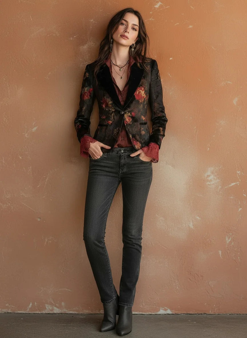 Floral Printed Retro Jacket for Women's Single Button Velvet Notched Collar Streetwear Vintage Casual Autumn Blazer Outerwear