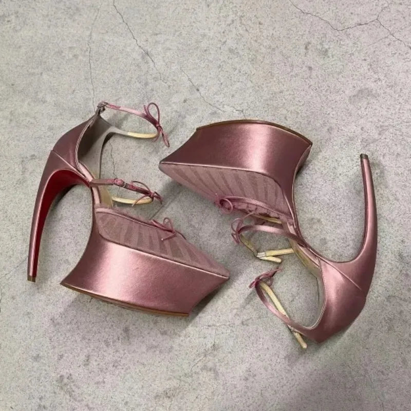 2026 Women's Stiletto High HeelsThick Bottom Headband BuckleSilk Bow BanquetSandals European AndAmerican Nightclub Fashion Shoes