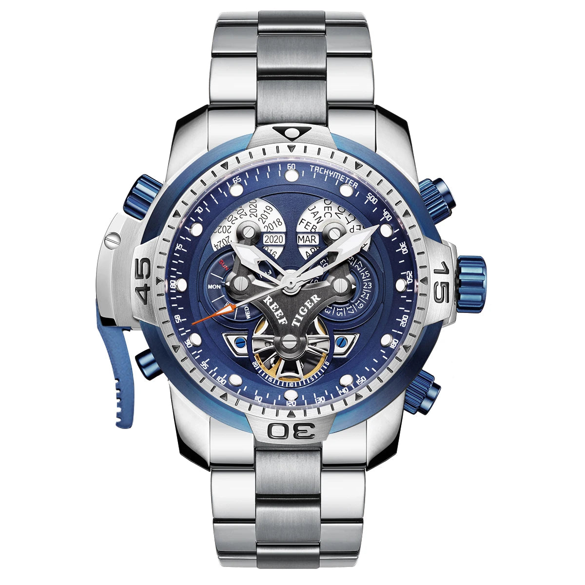 Reef Tiger Men's 46mm Automatic Mechanical Watch with Luminous Hands/Markers, Sapphire Crystal, and Year/Month/Day/Date Display