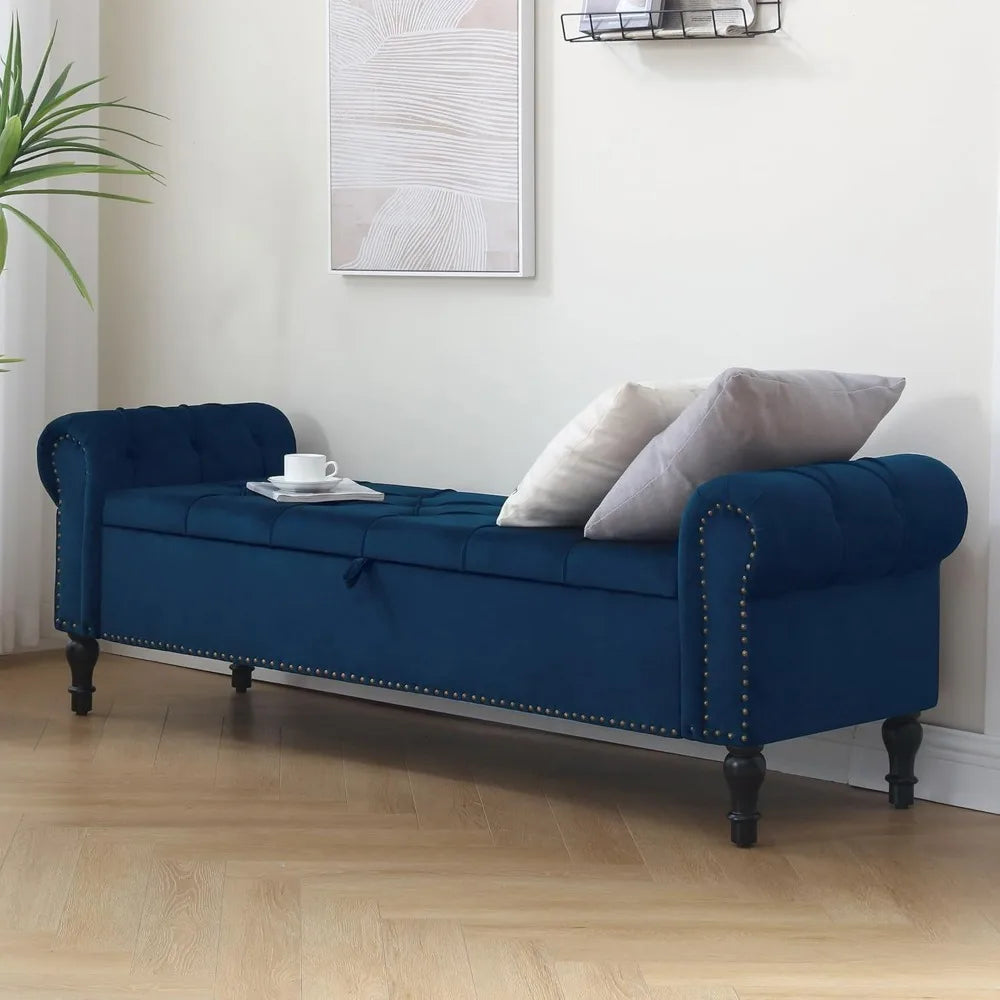 Velvet Storage Bench 67 Inch Upholstered Tufted Ottoman Bench with Arms Large Storage Space King Size End of Bed Bench