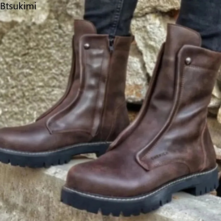 2026 New Big Size Men's Fashion High Top Round Toe Boots PU Leather Shoes Black Stylish Thick Soled Boot Short Motorcycle Botas