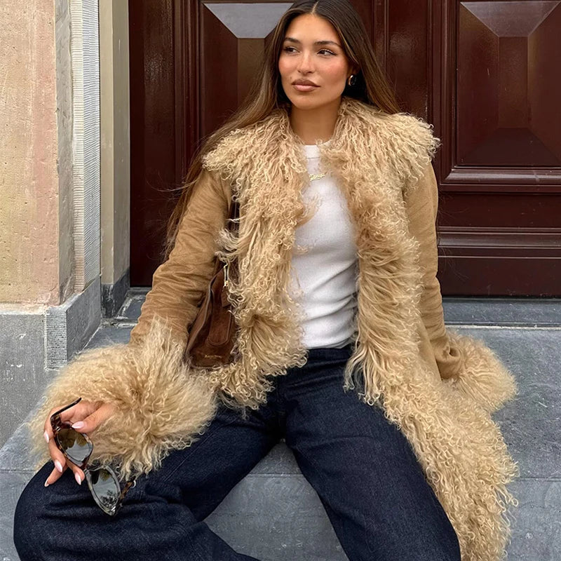 Vintage Patchwork Women's Faux Fur Trim Coat Urban Lapel Full Sleeve Female Jacket Female 2026 Spring Winter Lady Streetwear New