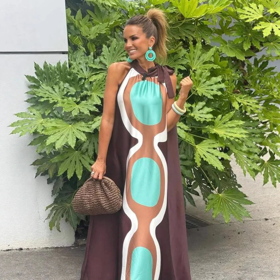 Casual Print Halter Neck Leace-up Long Dresses Women Summer New Vacation Style Loose Maxi Dress Female Vintage Commuting...