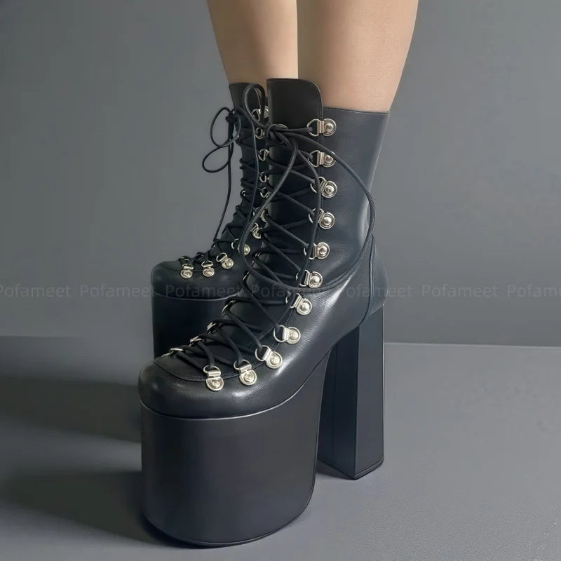 Women Sexy Ankle Boots Platform Shoes Chunky Heel Short Boots Round Toe Metal Buckle Decor Zipper Punk Style Dance Boots