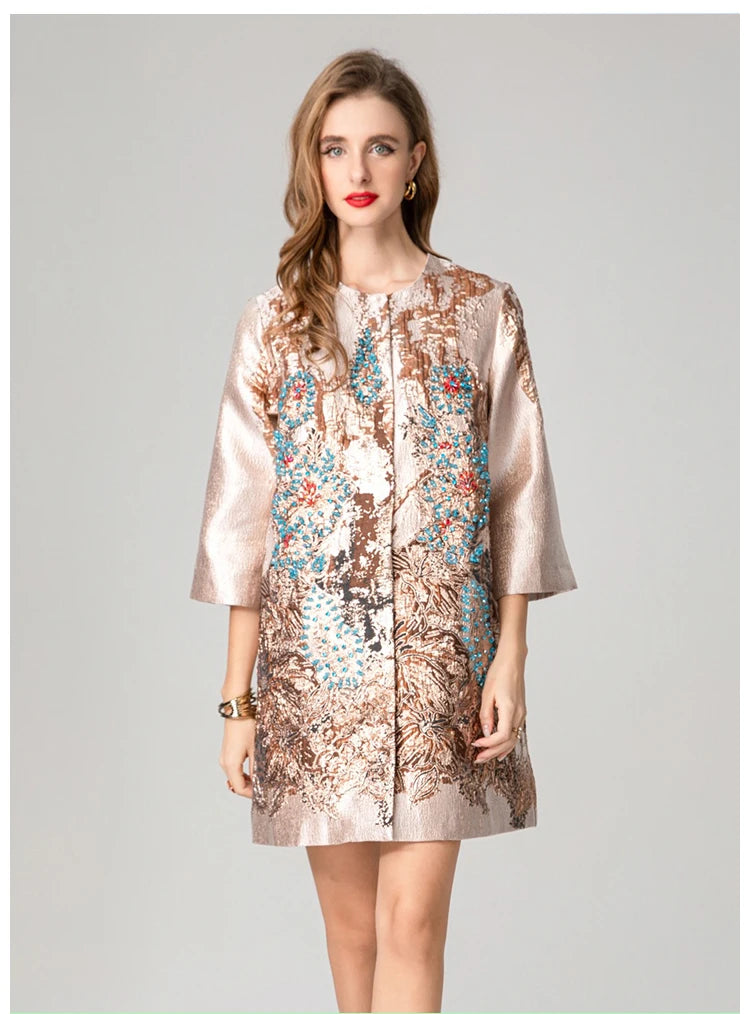 Luxury Jacquard Coat for Women Autumn Winter Vintage Gold Embroidery Beaded 3/4 Sleeve Loose Outerwear Elegant Retro Jacket
