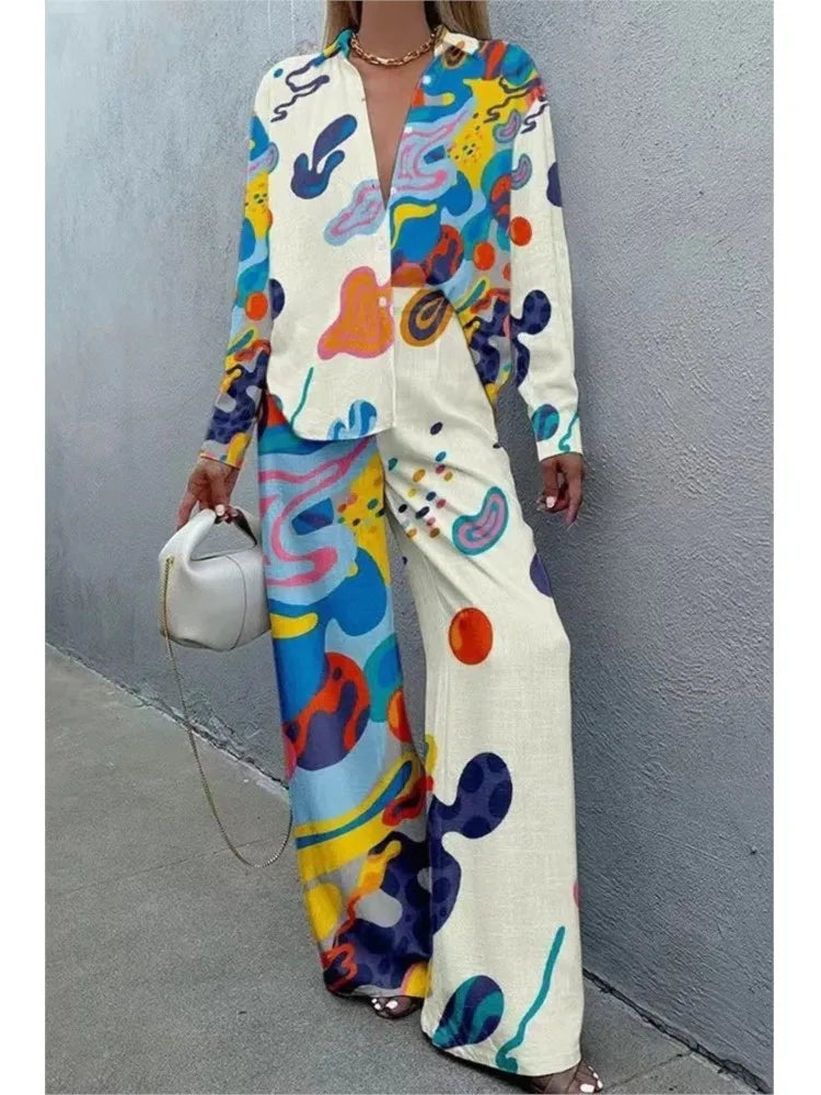 Spring Autumn New In Print Pant Sets Women 2024 Fashion Long Sleeve Shirts Wide Leg Trousers Two Piece Sets Trendy Streetwear