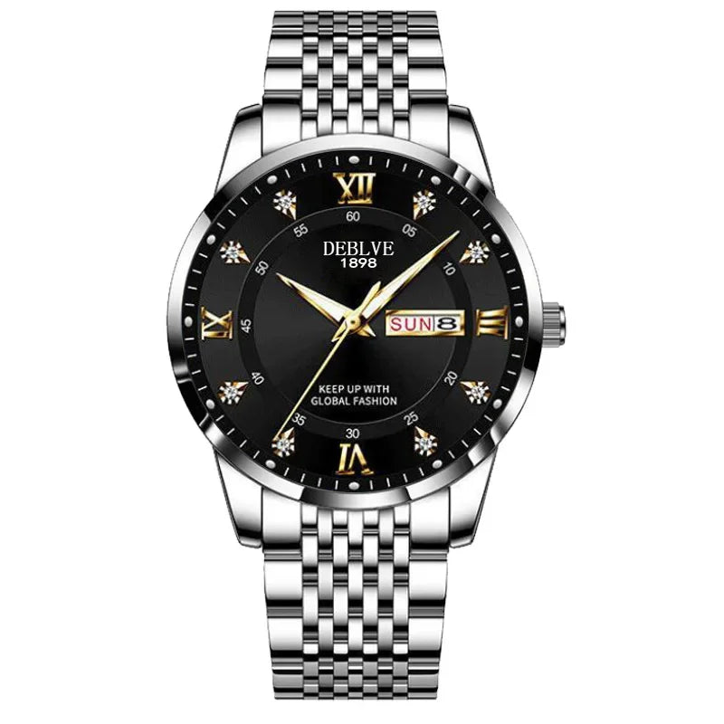 Luxury Men Watch Stainless Steel Top Quailty Push Button Hidden Clasp Waterproof Luminous Date Week Sport Wrist Watches