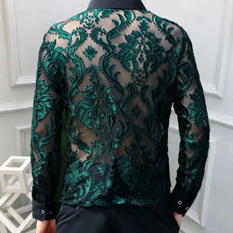 3 Colours Soft Velvet Slim-fit Men Clothing Nightclub long sleeved Sexy Polo See Through High Quality Transparent Floral Polo - Kimlud