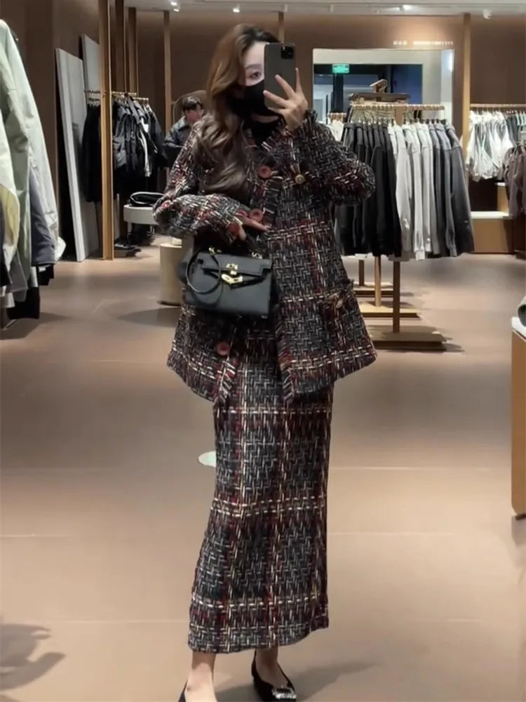 Winter new women fashion high-end temperament coarse weave small fragrance style coat+half skirt elegant two piece set |...