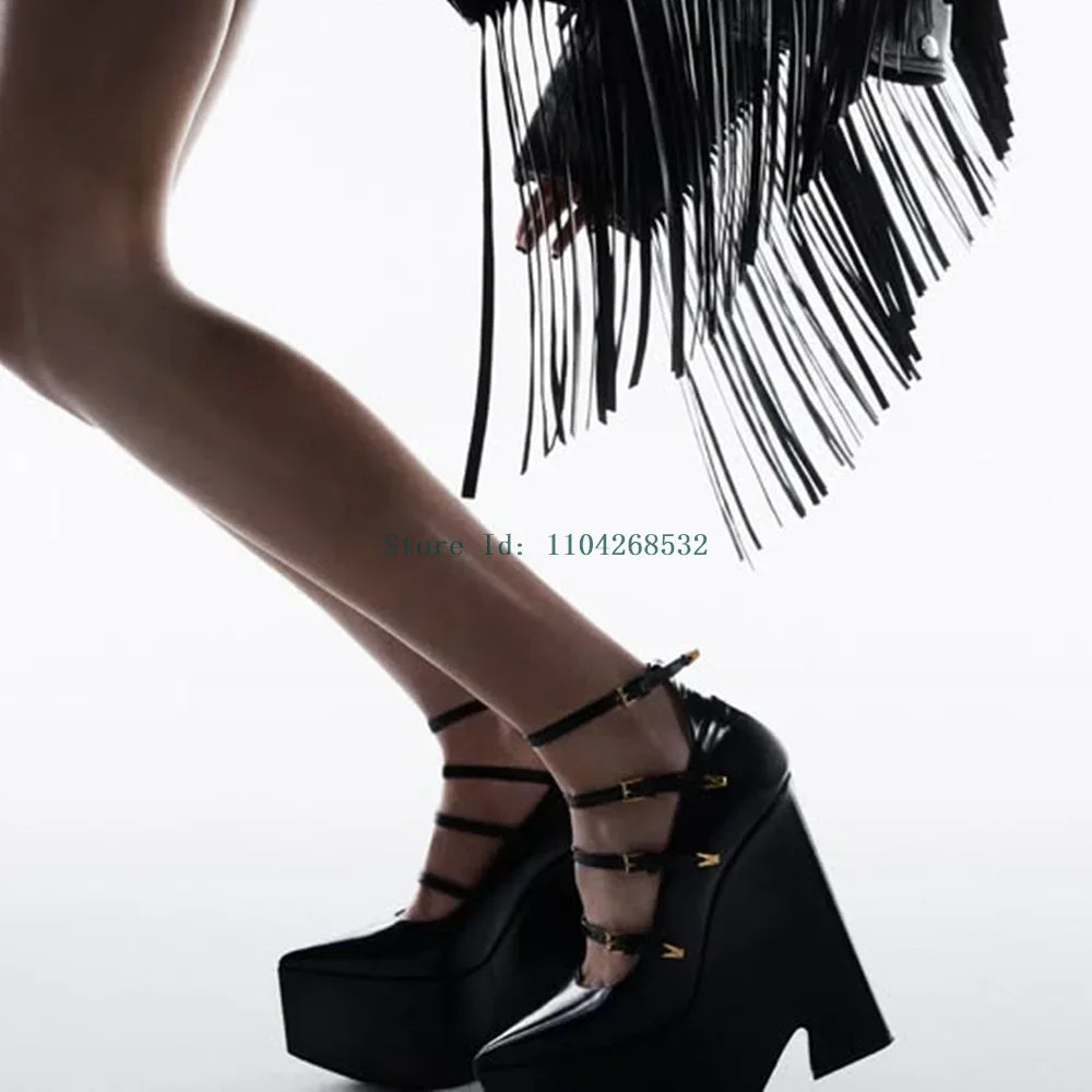 Platform Thick Heel Bucke Strap Pumps Sexy Pointed Toe Patent Leather New Arrivlas Fashion Women Modern Runway Shoes