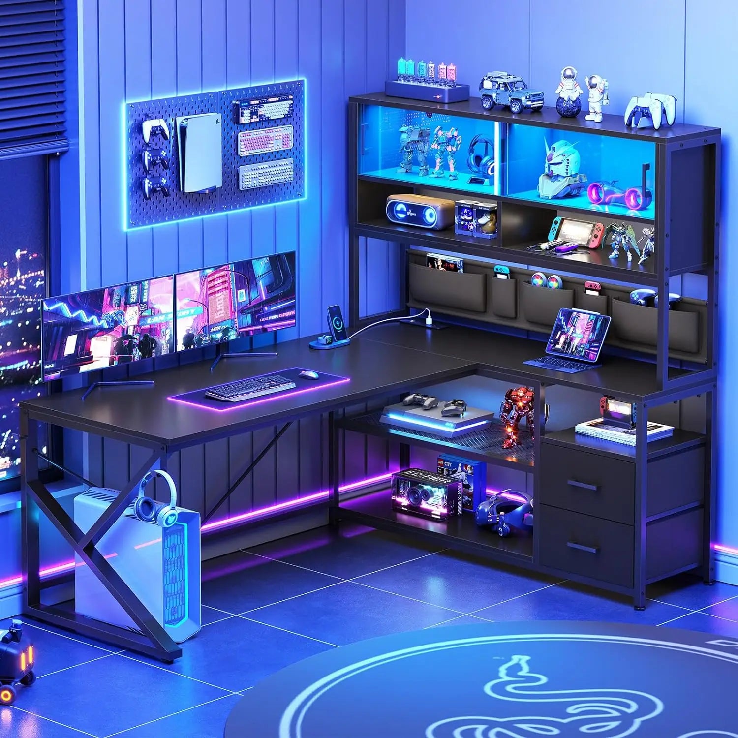 L Shaped Gaming Desk, Home Office Computer Desk with 2 Drawer and Bookshelf, L Shaped Gaming Desk with LED Light,, Customized - Kimlud