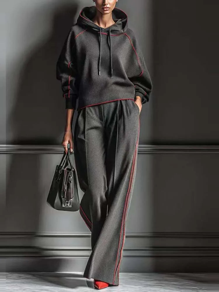 Women's Contrast Stitching Hooded Sweatshirt Wide Leg Pants Sports suit Vintage striped hoodie casual 2pcs Outfit New...