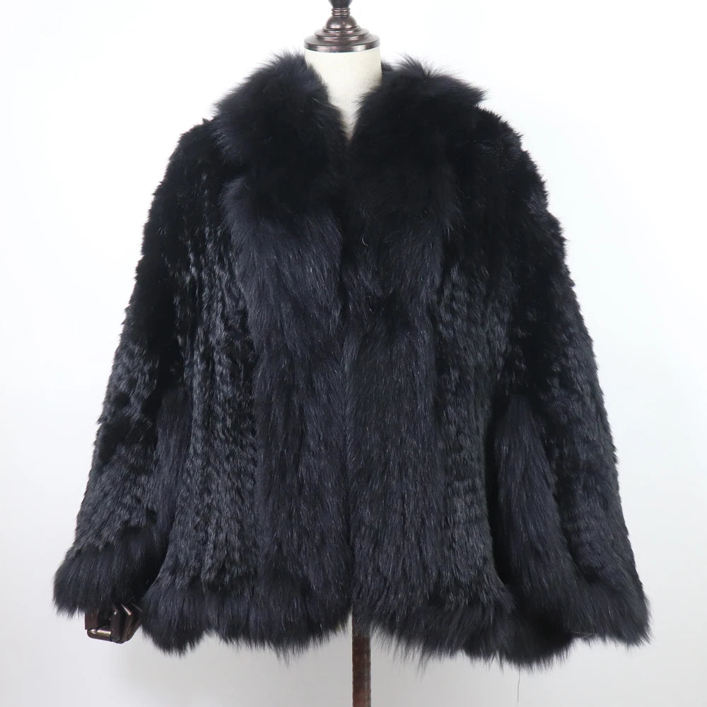 Hot Women Knitted 100% Real Rabbit Fur Shawl Winter Warm Genuine Rabbit Fur Pashmina Coat With Fox Fur Collar For Female...