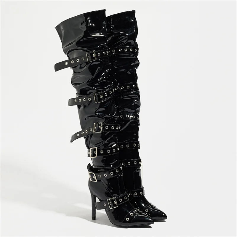 Liyke Punk Style Women Buckle Belt Strap Over The Knee Boots Fashion Zipper Thigh High Shoes Pointed Toe Party Strippers Heels