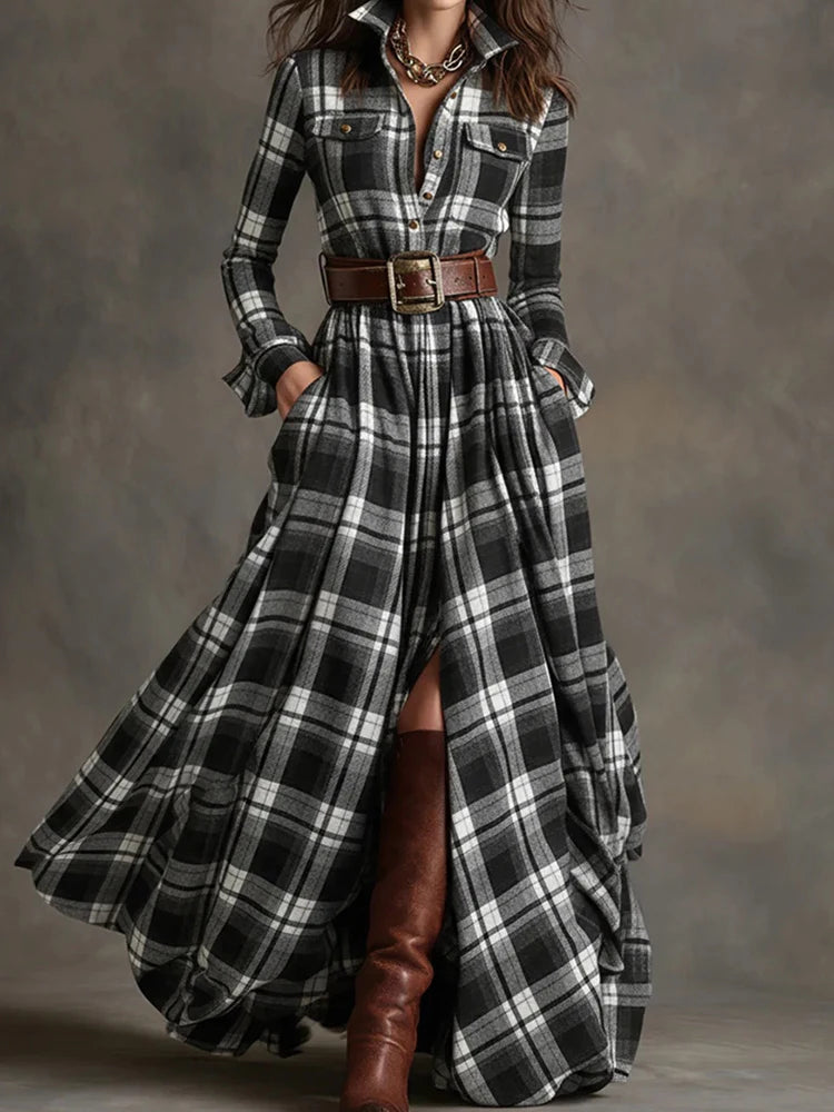 2025 Turn-Down Collar Patchwork Party Dress, Women Spring Autumn Long Sleeve Chic Maxi Dress, Plaid Printed Loose Cardigan Dress