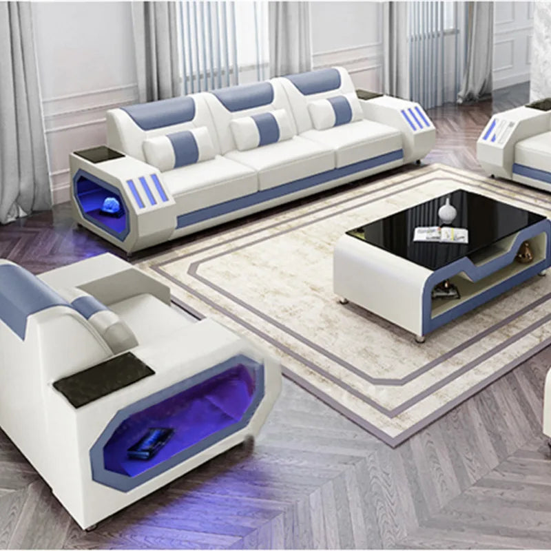 Modern LED Lighted Sofa Set with Recliner, Adjustable Headrest & Console | Luxury Leather Sectional Couch | Futuristic Furniture - Kimlud
