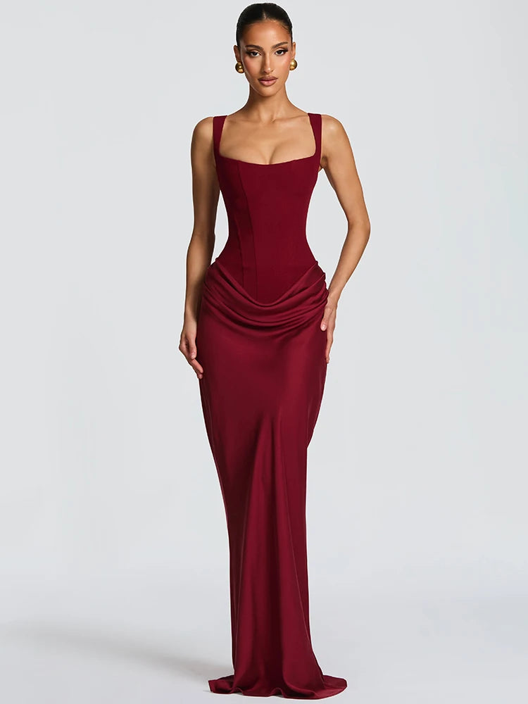 Mozision Elegant Backless Sexy Maxi Dress Women Gown Fashion Square Collar Sleeveless Skinny Ruched Club Party Long...