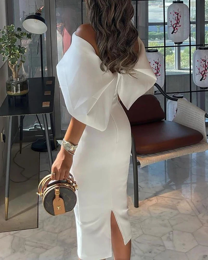Elegant White Dress Women Summer Off Shoulder Cape Design Splicing Skinny Dress Party Vestidos Woman Evening Party Dresses White