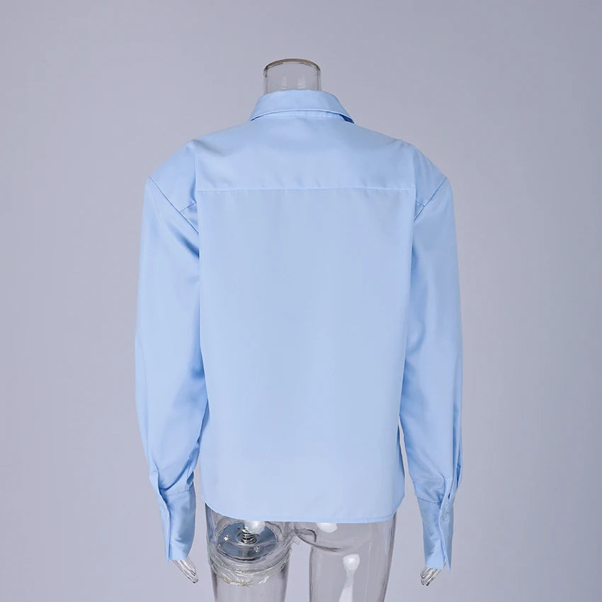 Linad Casual White Puff Sleeve Shirts Female Office Lady Blue Single-Breasted Woman Blouse 2026 Street Chic Lapel Tops...