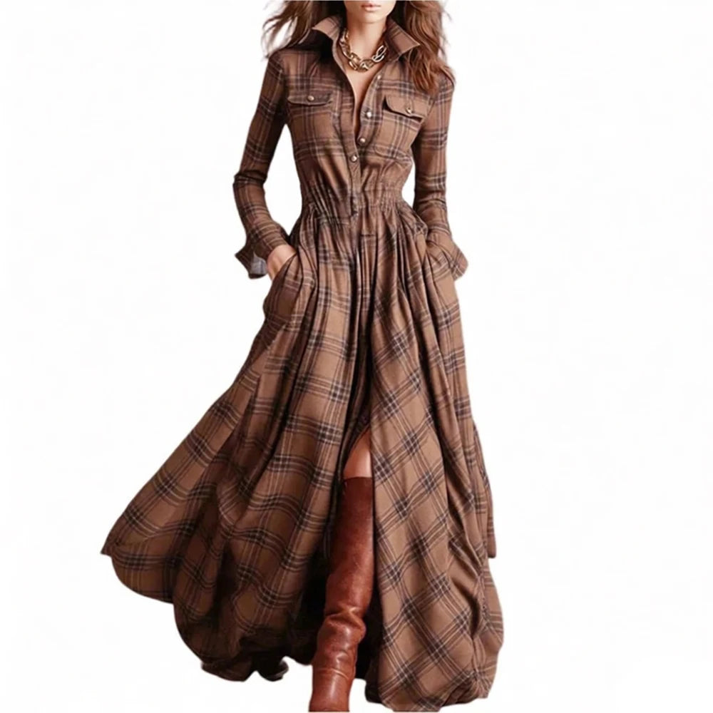 Retro Plaid Long Dresses Ladies Fashion Irregular Hem Slit Spring Autumn Long Sleeve Dress Western Style Buttons Shirt Dress New