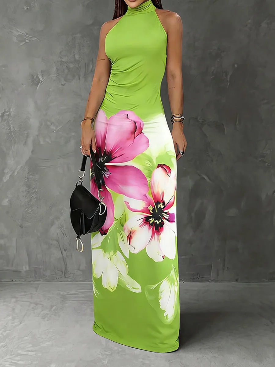 Yeezzi Women's Halter Neck Floral Printed Maxi Dresses 2026 Sleeveless Back Split Hem Slim Fit Summer Elegant Party Evening Gown - Kimlud