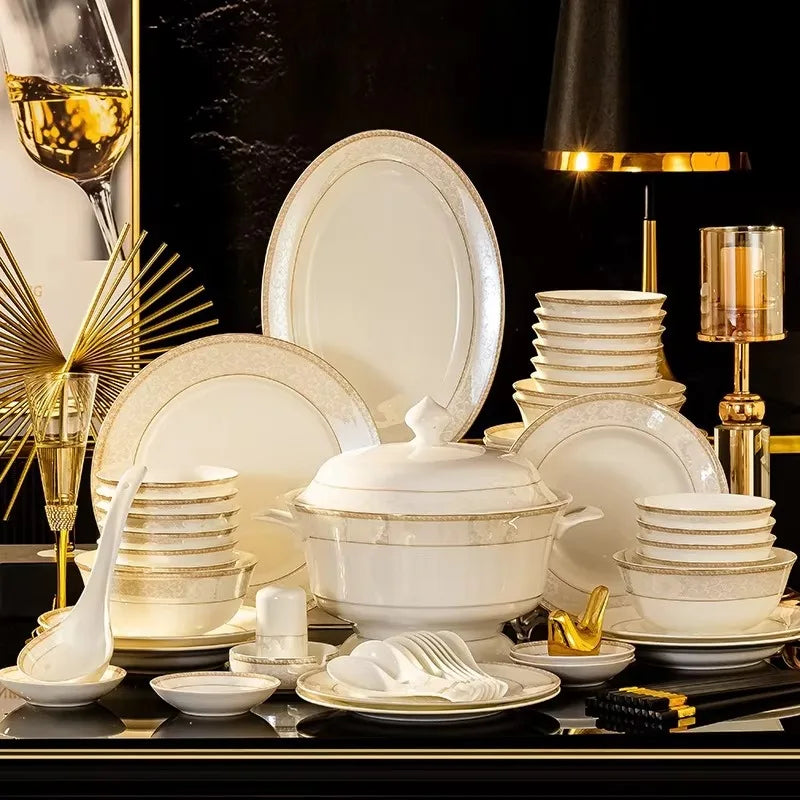 Christmas Ceramic Tableware 60 Sets Equipped With Rich Pot Fashion Xiaozi Series 10 People Dining Simple Bone China...