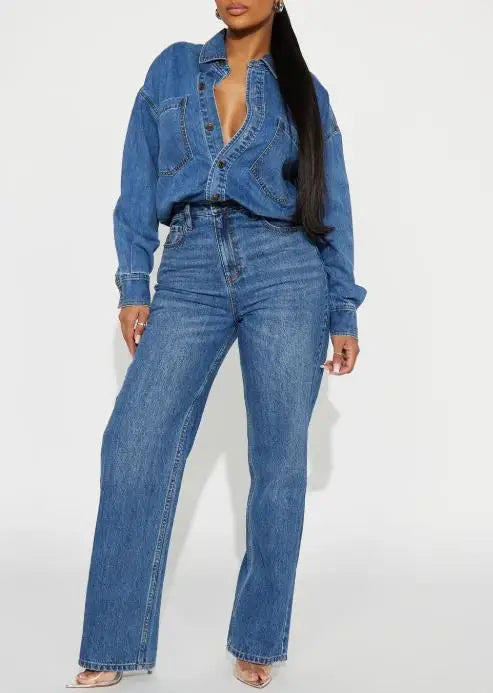 Jumpsuit Women 2026 New Spring Autumn Solid Color Pocket Design Turn-Down Collar Long Sleeved High Waist Casual Denim...