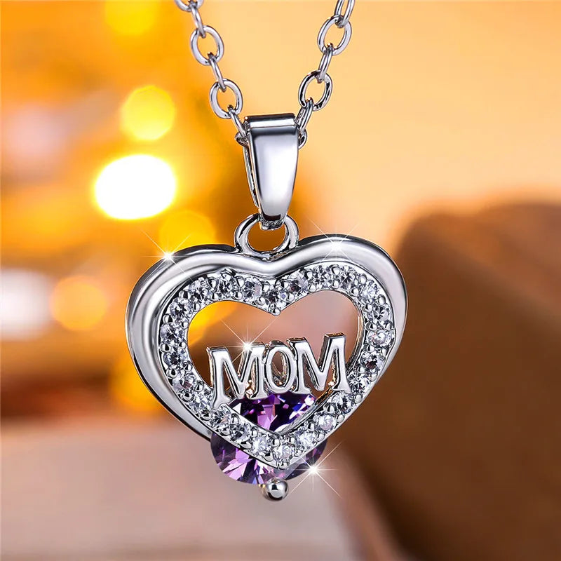 Crystal Luxury White Zircon Stone Heart Mom Letter Pendant Necklace Vintage Wedding Jewelry For Women Mother's Day Gift...