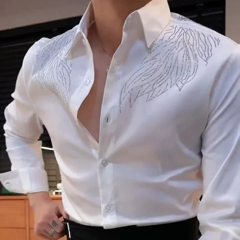 Spring Autumn Y2K Solid Diamond Shirts Men's Clothing Long Sleeve Loose Polo Neck Blouse All Match Fashion Cardigan Print Tops - Kimlud