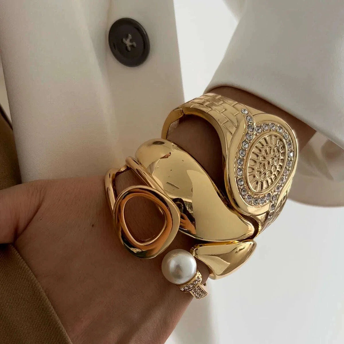 IngeSight.Z Exaggerated Large Inlaid Rhinestone Watch Shaped Heavy Metal Spring Bangles Women's Classic Statement Party Jewelry