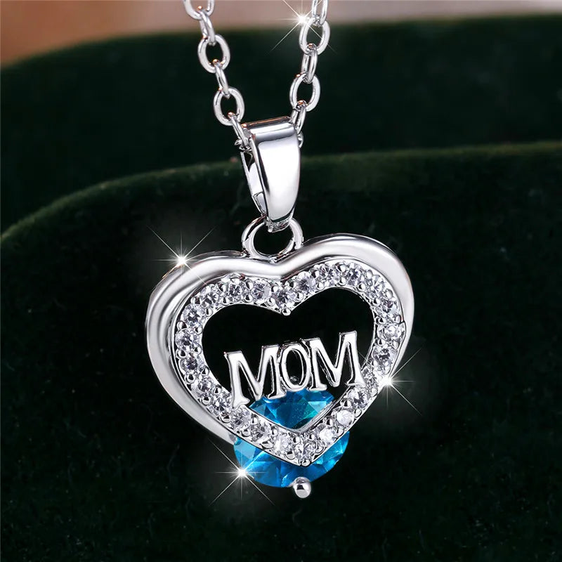 Crystal Luxury White Zircon Stone Heart Mom Letter Pendant Necklace Vintage Wedding Jewelry For Women Mother's Day Gift...
