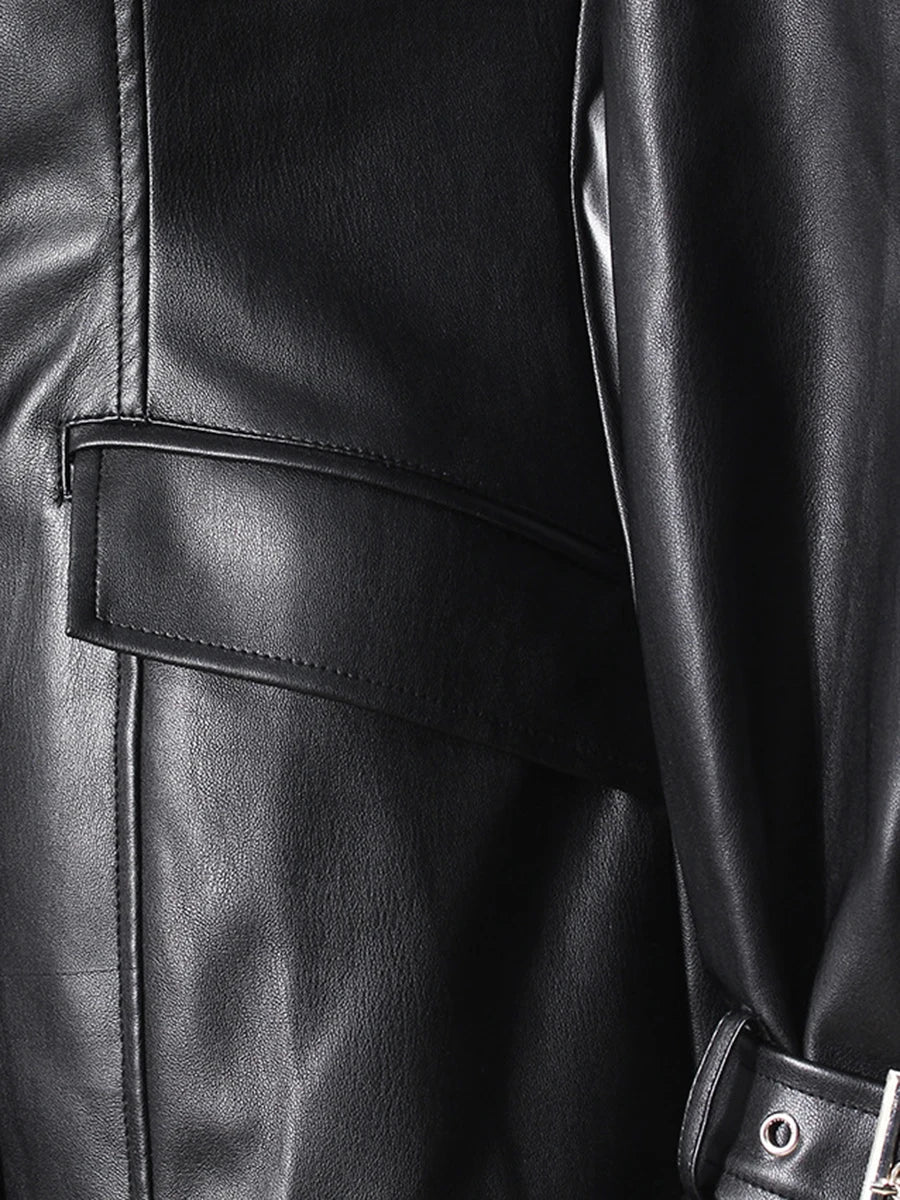 TWOTWINSTYLE Hit Color Slimming Fashion Jackets for Women Lapel Long Sleeves Tunic Patchwork Leather Streetwear Jacket Female - Kimlud