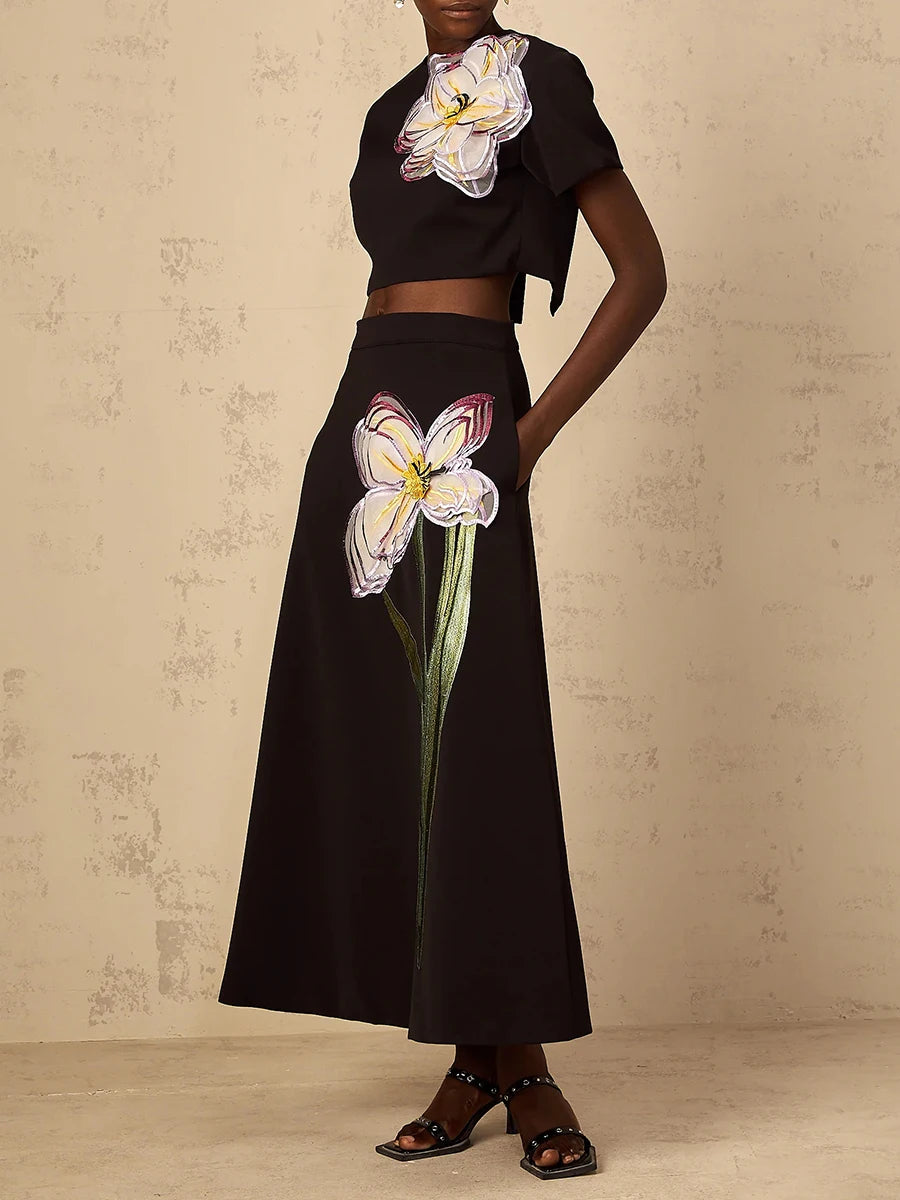 VGH Spliced Appliques Two Piece Set for Women O Neck Short Sleeve Top High Waist A Line Temperament Skirt Outfits Female Fashion