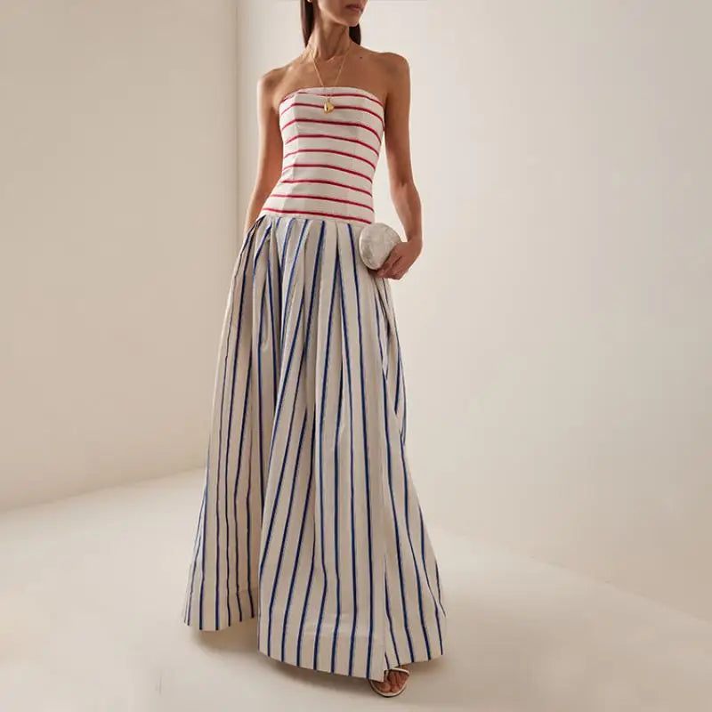 Women Bandeau Dresses Flaxmaker Sexy Off The Shoulder Sexy Striped Print Sling Maxi Dress Beach Sundress 2025 | Kimlud...