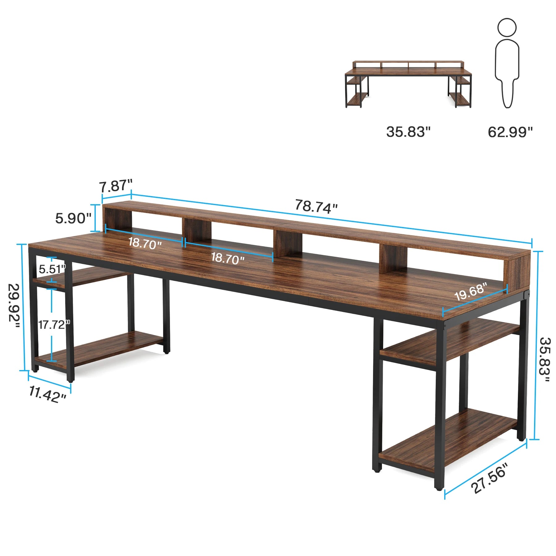 Tribesigns 78.74 Inches Extra Long Two-Person Desk, Double Computer Desk with Monitor Stand and Storage Shelves, Work Table