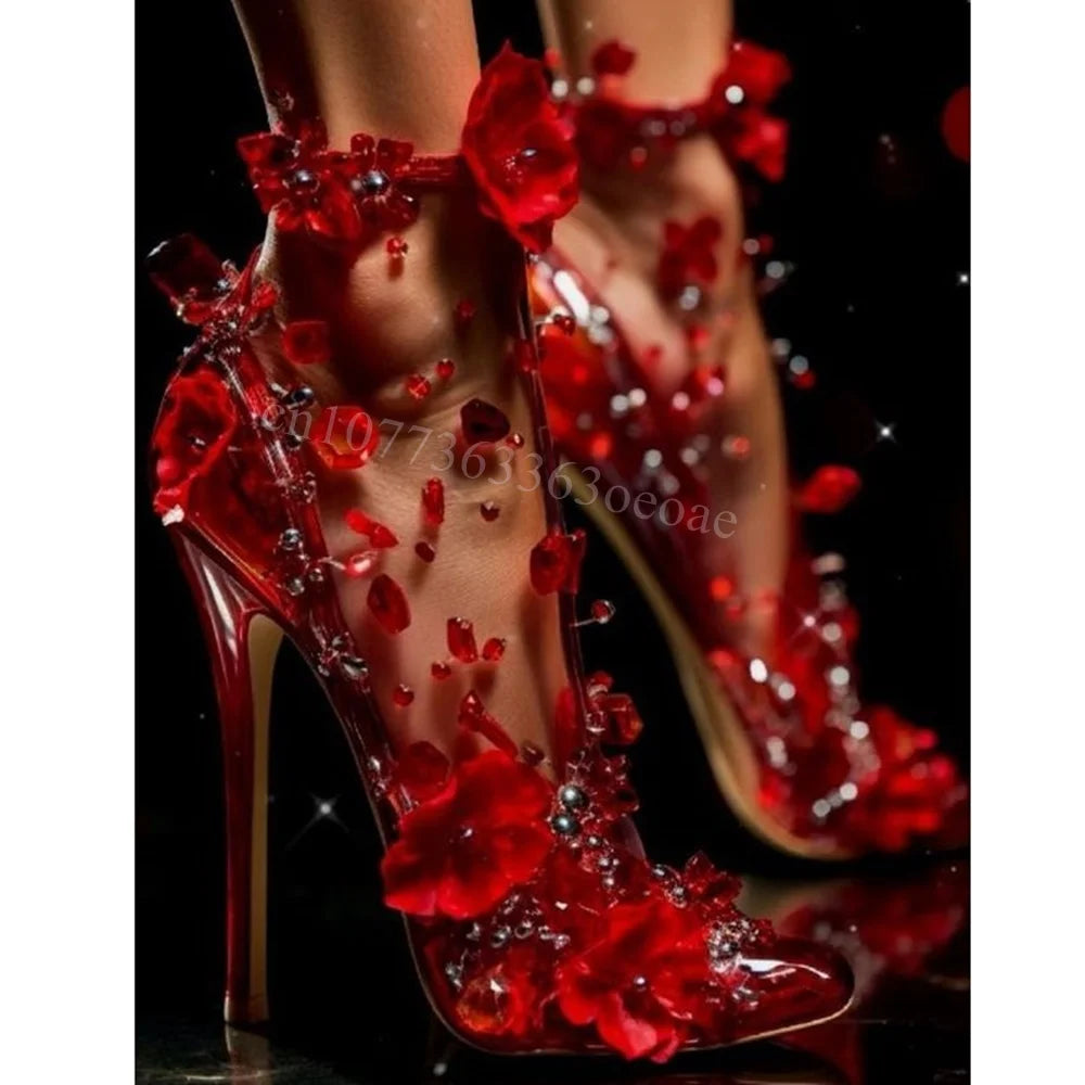 Red Flower Decor Transparent Pumps Pointed Toe Shoes for Women Fashionable Thin High Heels Sexy Shoes 2024 Zapatos Para...