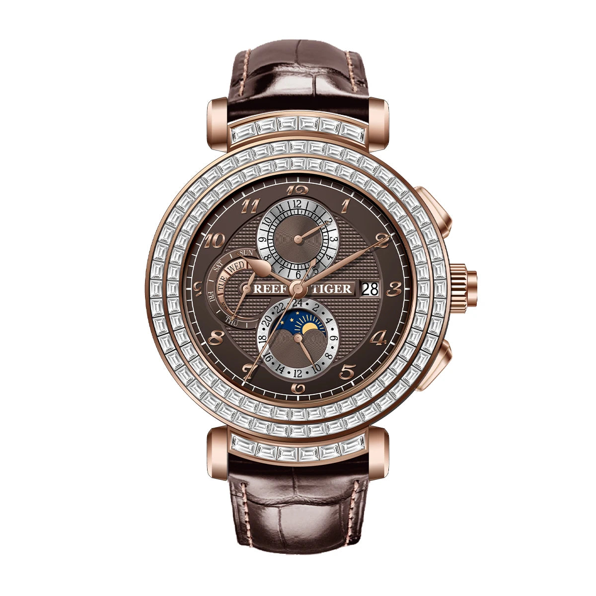 Reef Tiger Luxury Men's Automatic Mechanical Watch Green Dial Moon Phase Date Genuine Leather Strap Waterproof Dress...