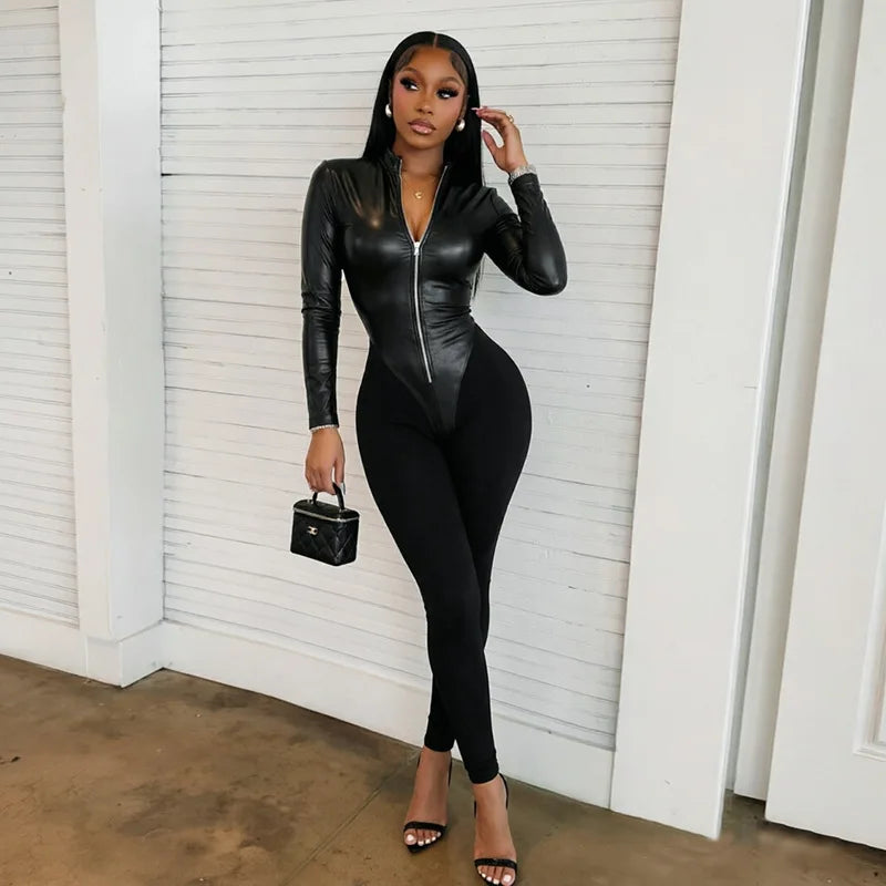 Fashion Black PU Leather Patchwork Skinny Jumpsuits Women O-neck Full Sleeve Zipper Booty Lifting Slim Fit Casual Overalls - Kimlud