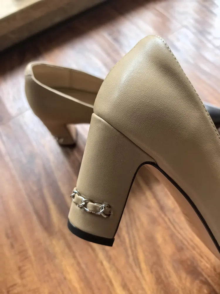 MKKHOU Fashion Shoes New High Quality Genuine Leather Shoes Color blocked Round Head Shallow Mouth High Heels Women's Shoes - Kimlud