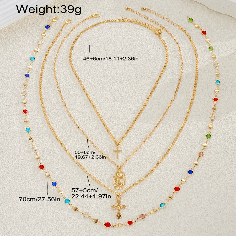 4Pcs/Set Cross Colorful Crystal Necklaces For Women Simple Gold Silver Color Y-Shaped Pendant Necklace Set New Christian Jewelry