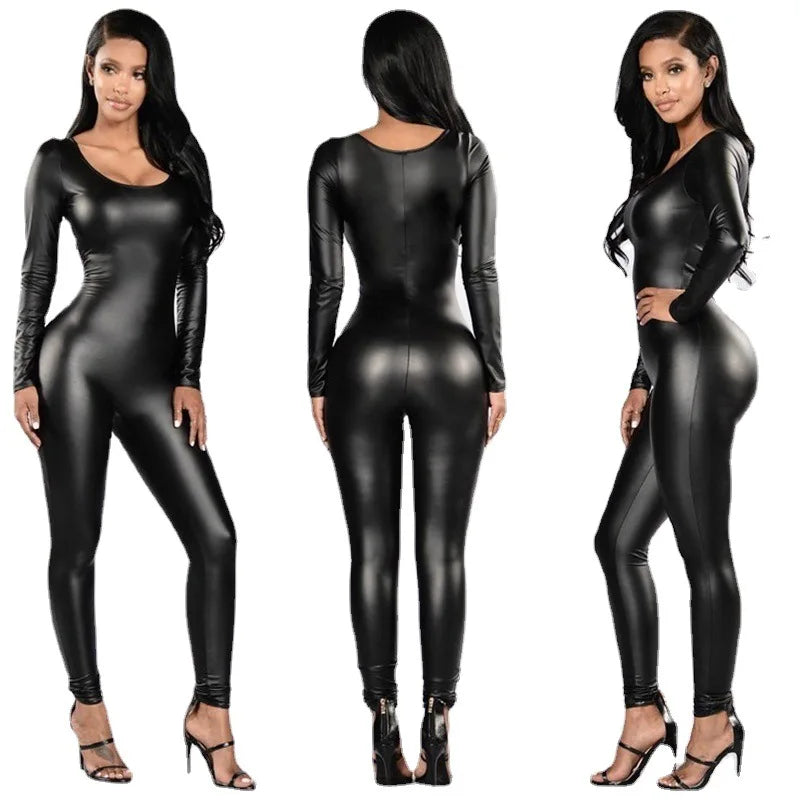 Women Sexy Tights Bodysuit PU Leather Black Long Sleeve Jumpsuit Female Leotard Lingerie Night Club Party Uniform - Kimlud