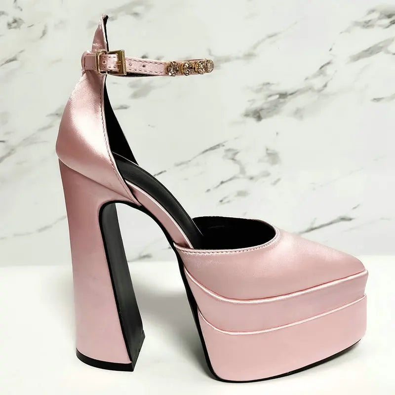 2025 New Fashion Catwalk Show Women's Single Shoes Fashion Pumps Summer Water Platform Thick Heel Pointed Toe Satin High Heels