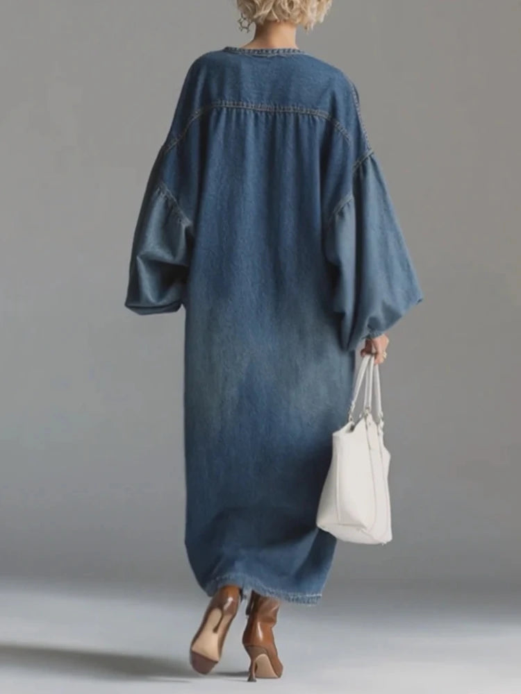 Long Dress Women Denim Dresses Single-breasted V Neck Robe Streetwear Casual Lantern Sleeve Long Sleeve Maxi Dress Vestidos - Kimlud