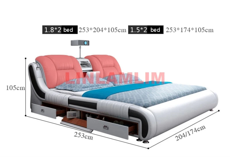 BJ Genuine Leather Bed Multifunctional Beds Ultimate Massage Camas With Bluetooth,Speaker,Safe,Air Cleaner, Projector,Drawers