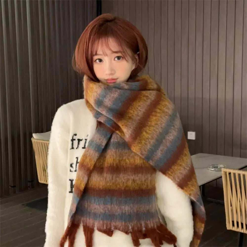 New Warm Winter Cashmere Scarf Stripe Pattern Mohair Long Tassel Scarves Plaid Soft Thickened Shawl Wrap Women | Kimlud...
