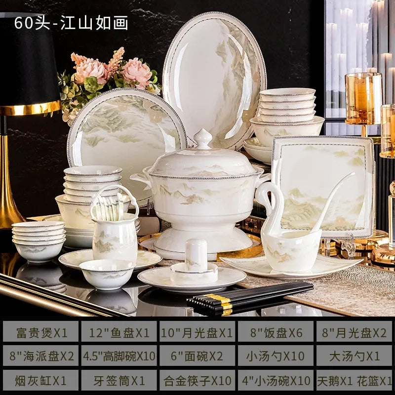 Tableware, Jingdezhen Ceramic Bowl and Dish Set, Housewarming Gift, Bone Ceramic Bowl and Plate for Household Use |...