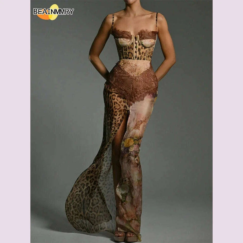 Summer Beach Leopard Print Dress Sexy Lace Split Patchwork Chiffon Dresses Women Elegant Sleeveless Backless Beach Evening Gowns