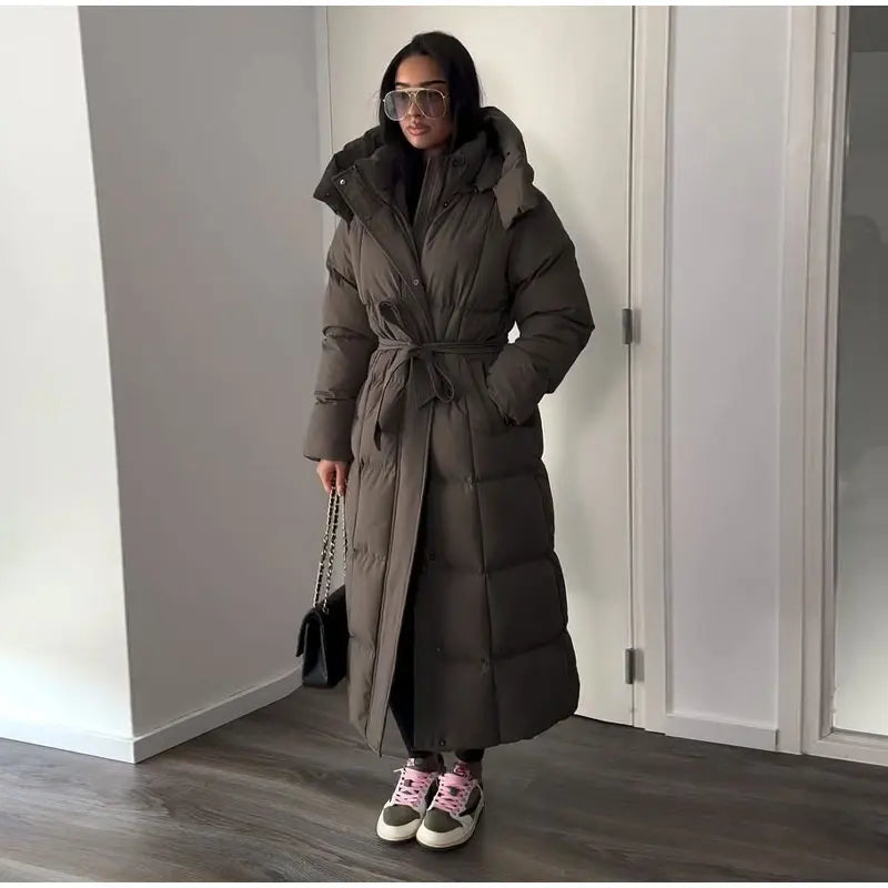 Hooded Lace up Long Jacket Woman Solid Color Zipper Long Sleeve Loose Coats Versatile Warm Minimalist Women's New Winter Jackets