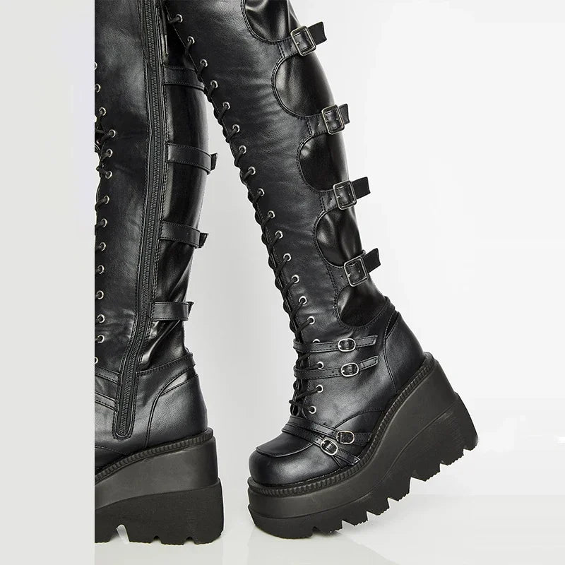 Over-the-knee Boots Women Platform Heels Belt Buckle Boot Motorcycle Goth Shoe Thigh High Flat Boots Plus Size 42 43